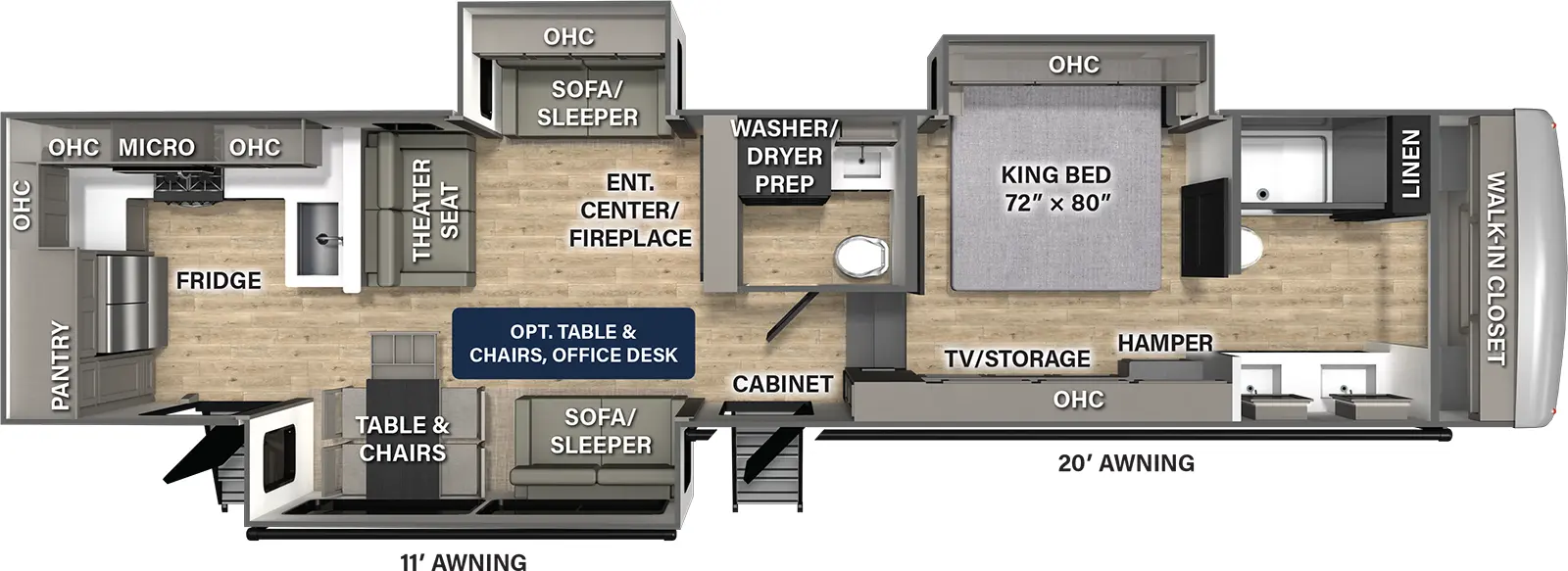 The Columbus 384RKH floorplan has two entries and three slide outs. Exterior features include: fiberglass exterior and 11' & 20' awning. Interiors features include: rear kitchen, free-standing dinette option and bathroom and a half.